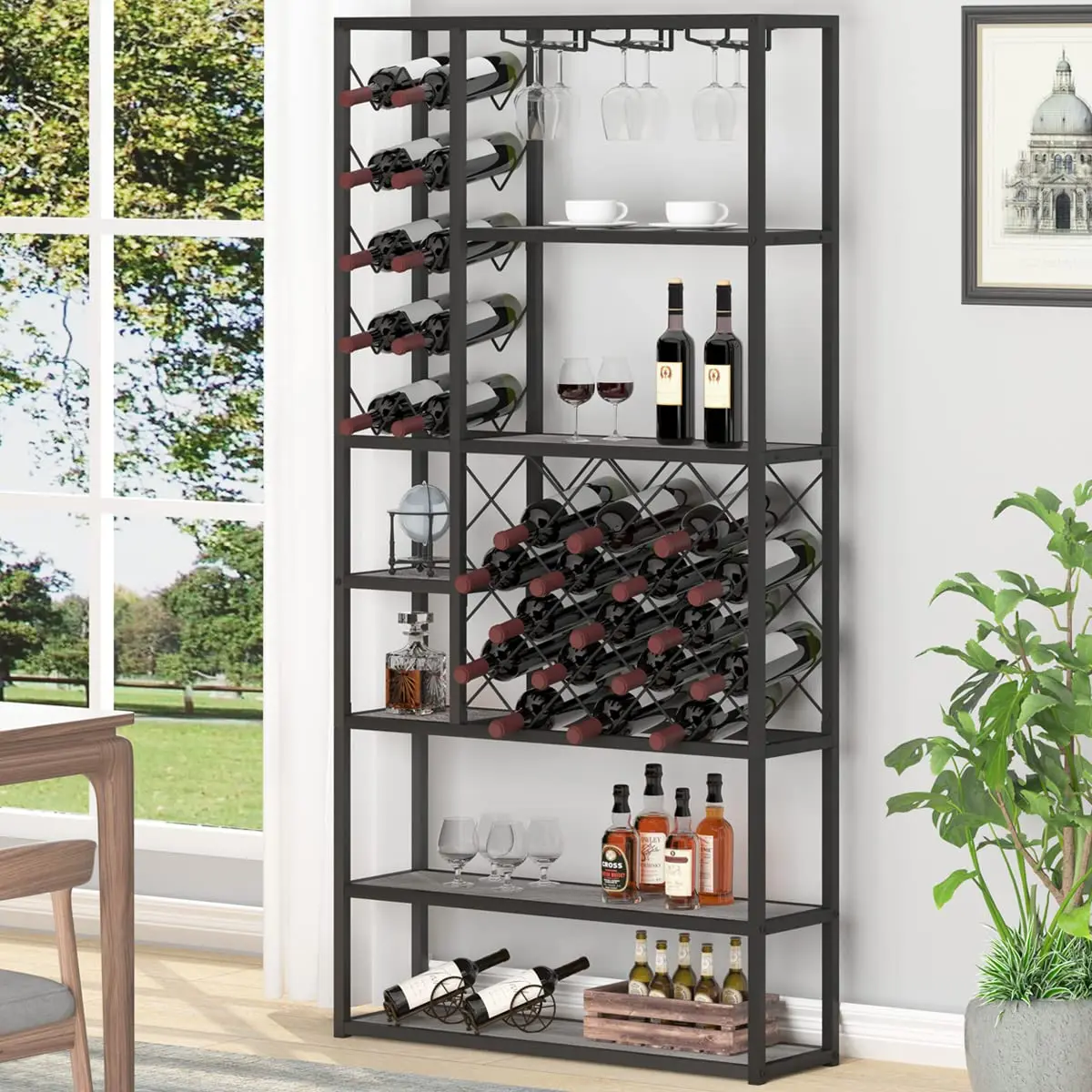 grey oak wood and metal rustic wine rack freestanding floor  display wine storage shelves