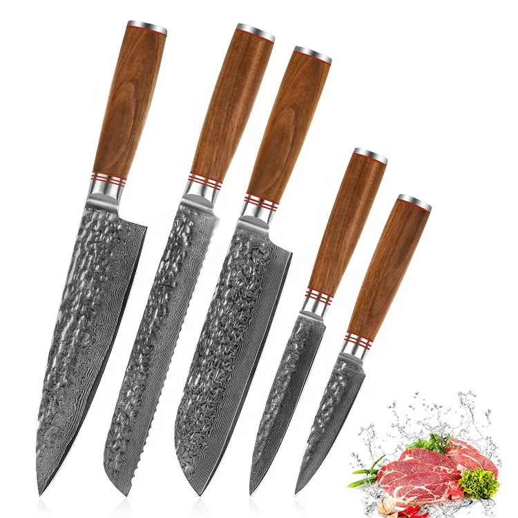 Japanese Hammered VG10 8 Inch Cuchillo Damascus Chef Knives Custom Wood damascus kitchen knives set with wood block