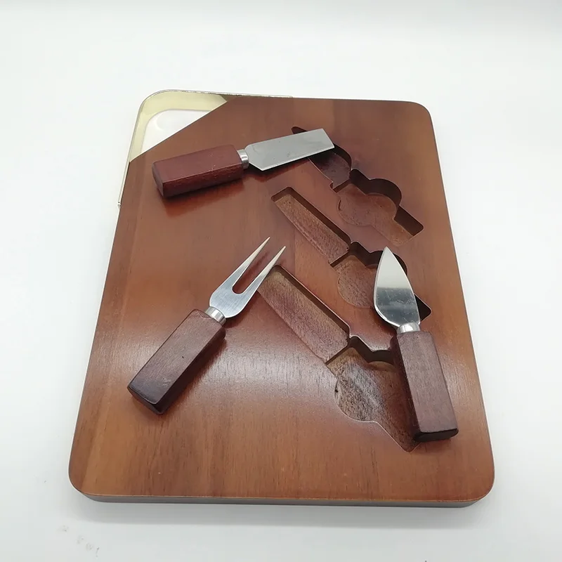 Natural Acacia Wood Chopping Board For Cheese Cutting With knife and fork