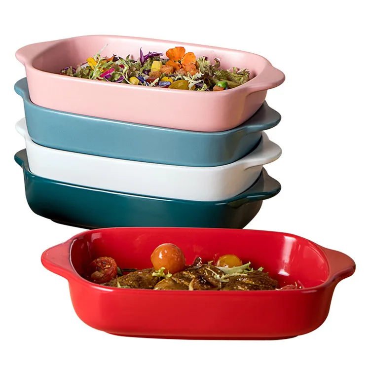 Latest arrival simple design durable colorful ceramic baking tray with double handle