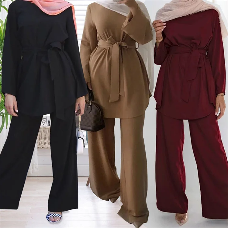 Wholesale Arabian Muslim Fashion Women Two Piece Suit Islamic Elegant Long Sleeve Clothes Prayer Muslim Sets Pants