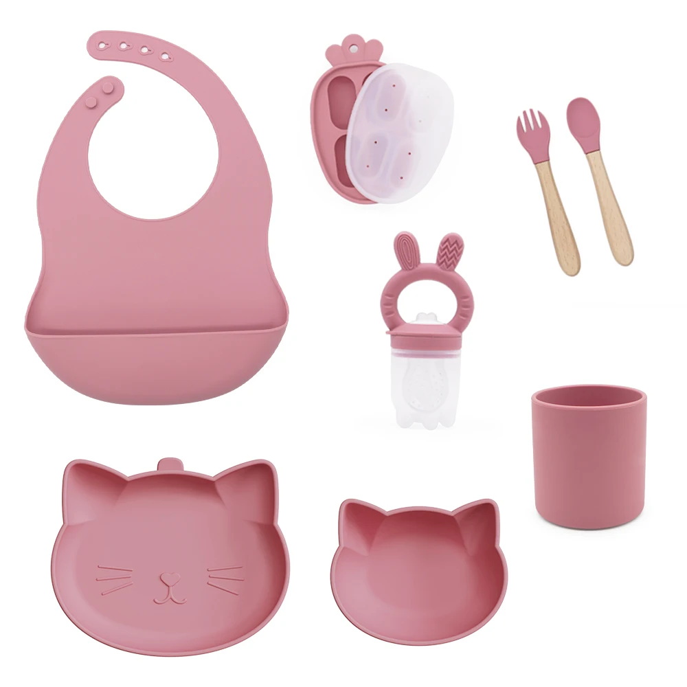 New Design BPA Free No Spill Baby Bowl Suction Kids Plate Cat Animal Silicone Baby Feeding Set