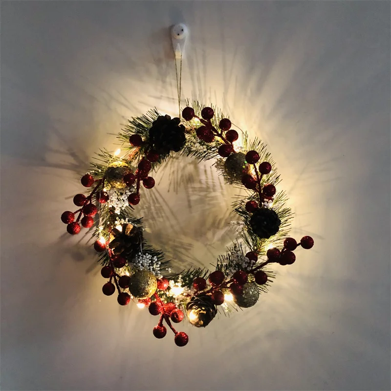Spruce Wreath with Silver Bristles Cones Red Berries Warm White LED Lights with Timer Christmas Wreath