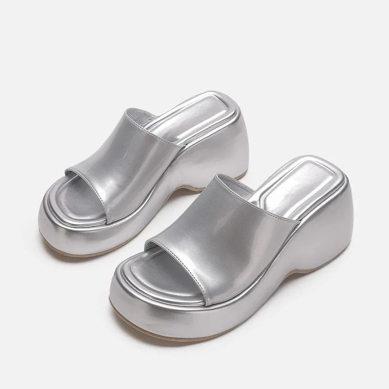 BUSY GIRL DS4669 Platform Slide slippers for women 2024 patent leather chunky slippers ladies sandals fashion wedge slippers