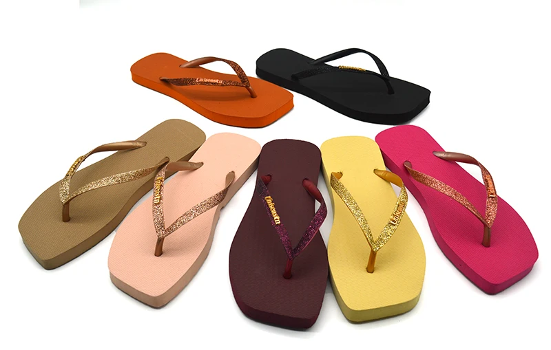Hot sales Square-toed Upper Glitter Women Rubber Flip Flops