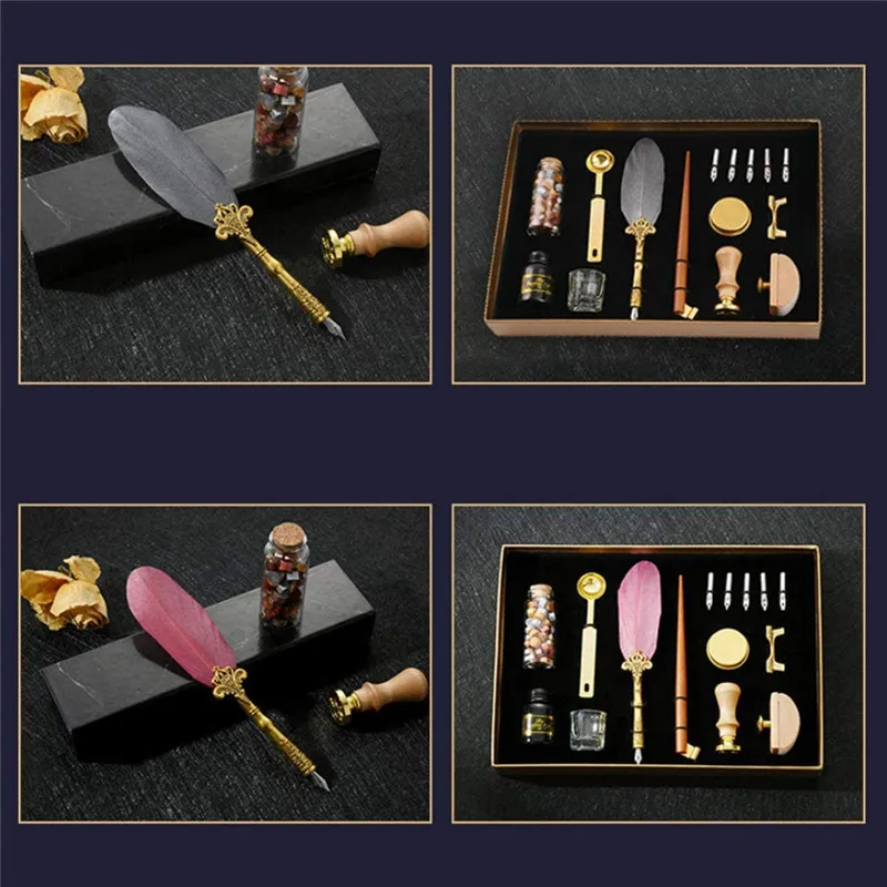Sprinkle Gold Luxury Vintage Feather Quill Dip Calligraphy Fountain Pen Writing Ink 5 Nibs Set Stationery Birthday Gift Box