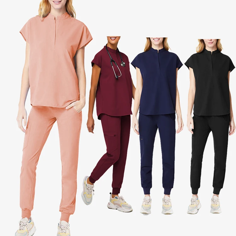 2022 Nursing Scrubs High Quality Short Sleeve Stretchy Medical Uniforms Mandarin Collar Scrubs Jogger Sets