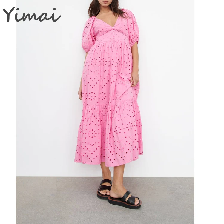 OEM High Quality Wholesale Lace Sexy Short Puff Sleeve V-Neck Evening Luxury Party Loose Fit Women Dresses