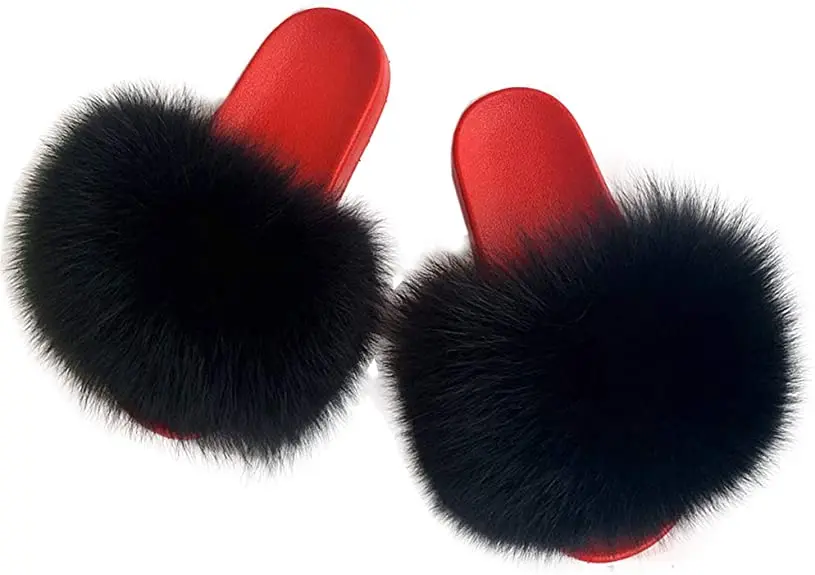 Chinese wholesale fluffy custom furry fur slides for ladies rubber summer pvc slipper raccoon fox fur slippers for women