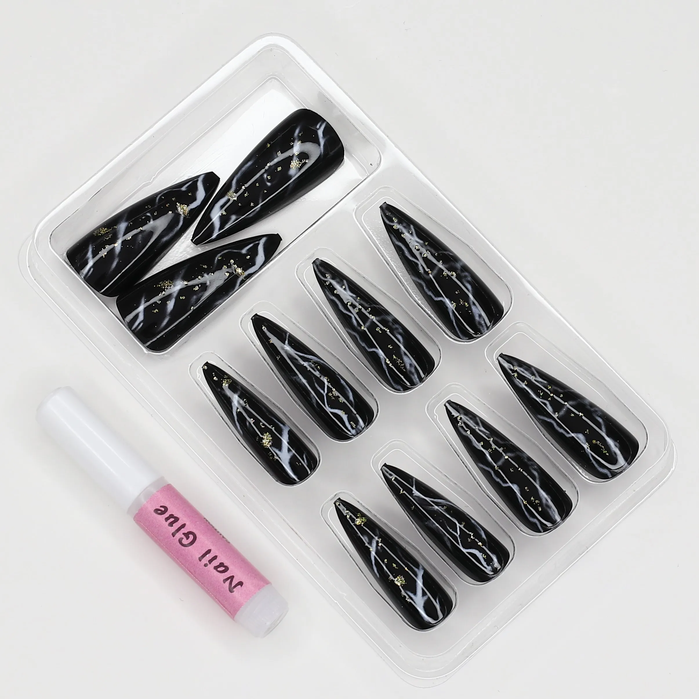 Hot Sale Full Cover Artificial Fingernails Luxury Press On Nail Black Pre-Glue False Nails Custom Wholesale Press On Nail