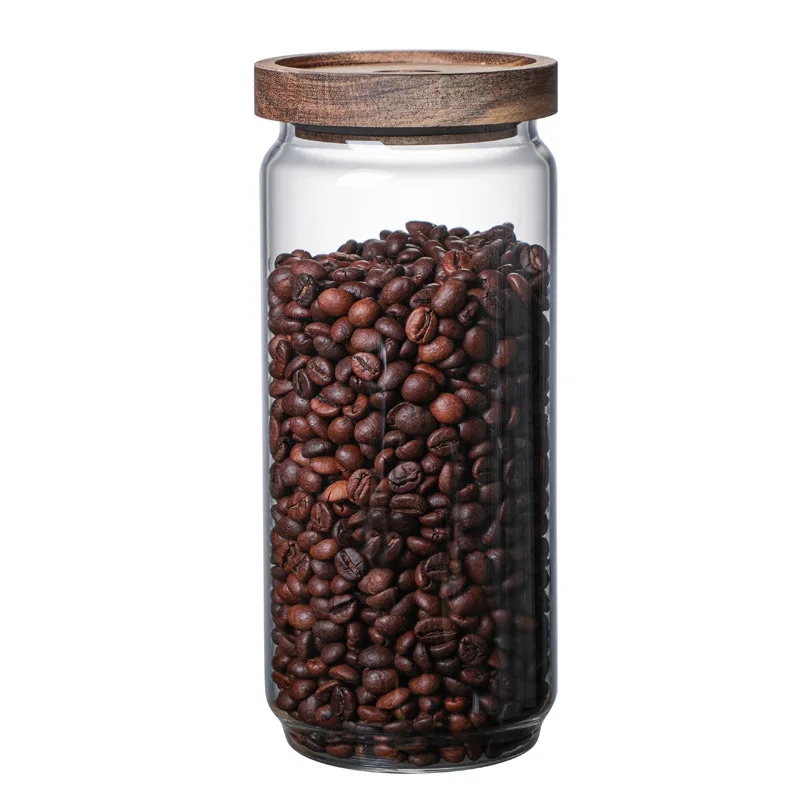 Круглая банка из боросиликатного стекла с крышкой из дерева акации для кухни
