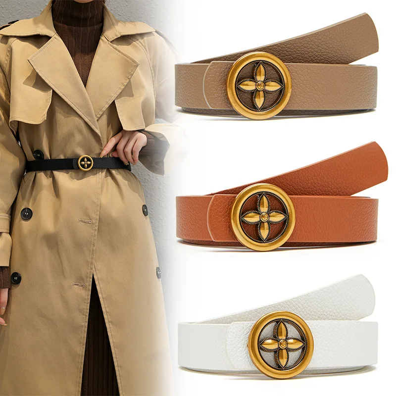 Wholesale Ladies pu Leather Jeans Strap Fashion Gold Round Buckle Thin Belts For Women Coat