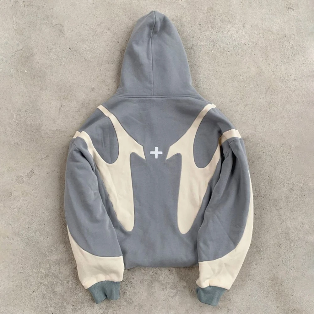 Heavy Weight Two Tone Colors Block Contrast Stitching Hoodie Patchwork 3D Embroidery Patches Painted Oversized Hoodies For Men