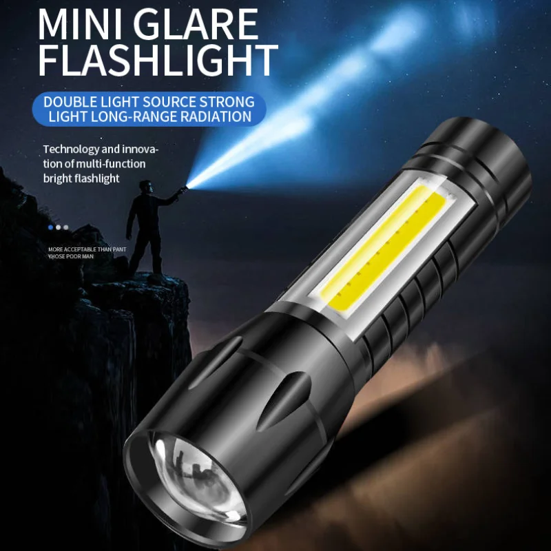 Portable LED Flashlight T6 COB Light Rechargeable Flashlight Built-in Battery Zoom Flashlight 3 Mode Waterproof Emergency Torch