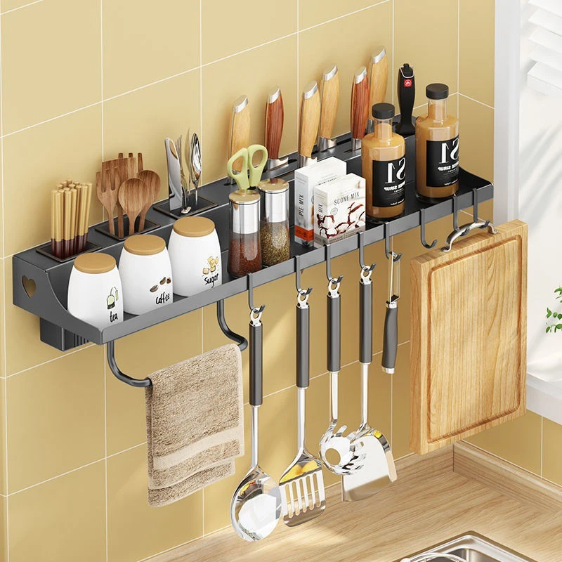 Stainless Steel Wall Mounted Knife Holder Punch Free Kitchen Multifunction Cooking Utensils Organizer Storage Rack