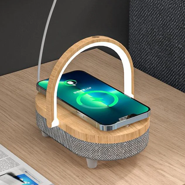 Amazon Top Best Seller  Blue tooth TWS Speaker with mobile phone Holder 10W 15W fast Wireless Charger LED light Table Lamp