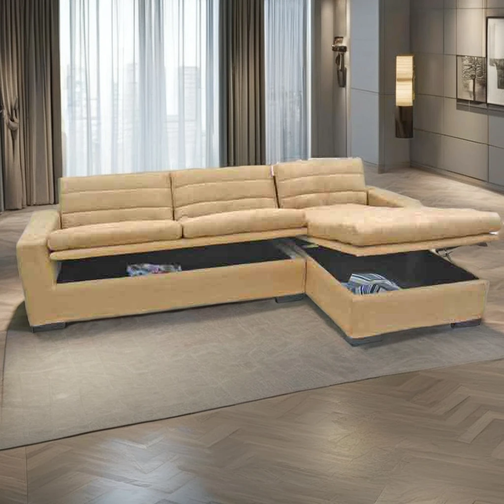 Modern Flock Fabric Corner Sofa Bed with Storage Metal & Wooden Frame Reclining & Foldable for Bedroom Living Room Furniture