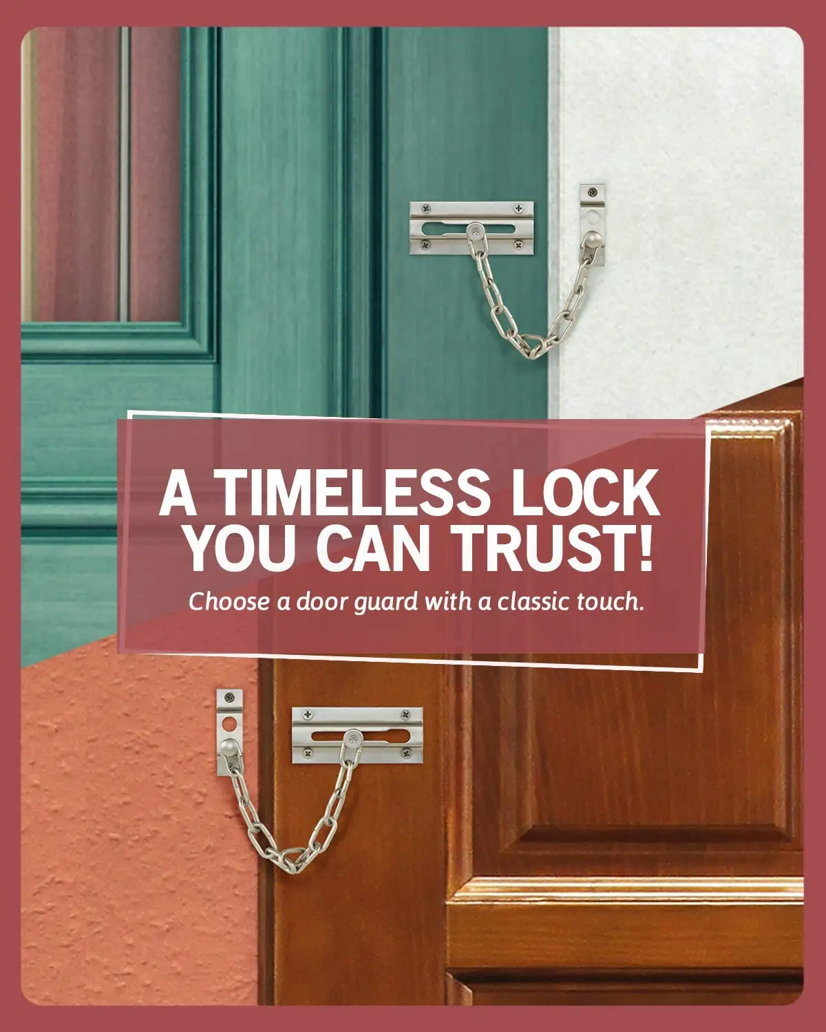 Keyed Chain Door Guard with Satin Brushed Nickel and antique brass and oil rubbed bronze finish security chain for door