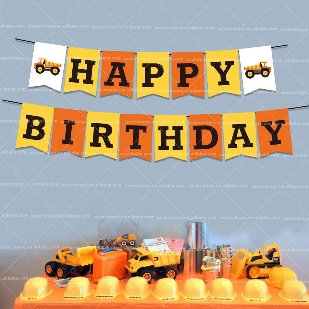 
EasternHope Construction Birthday Party Supplies Banner Construction Happy Birthday Banner with Builder Bulldozer Excavator 