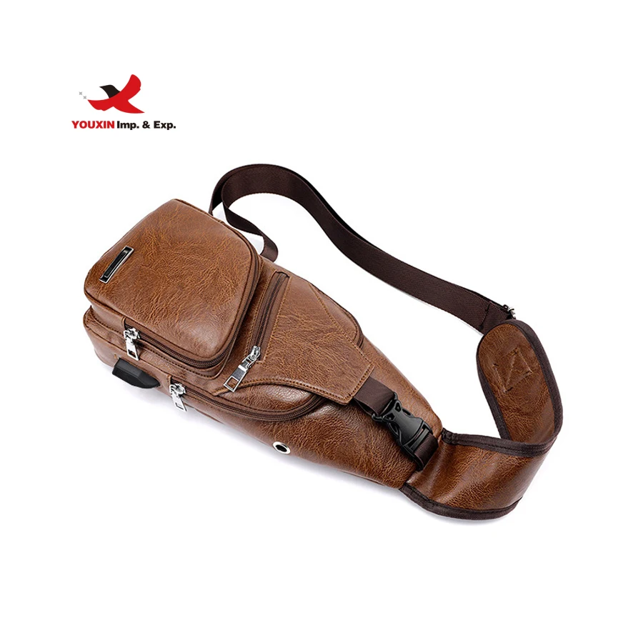 Men Sling Bag PU Leather Crossbody Backpack with USB Charging Port & Headphone Hole Chest Bag