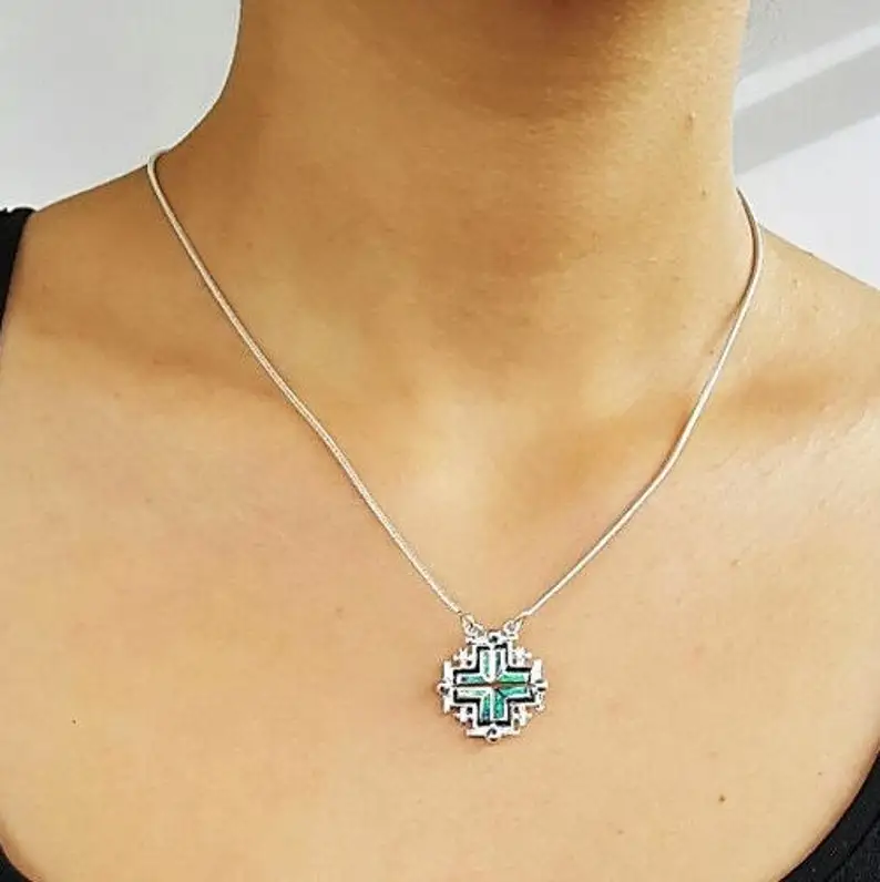 High Quality Gold Plated Men Solid 925 Sterling Silver Holy Orthodox Opal Stone Jerusalem Cross Pendant Chain Necklace