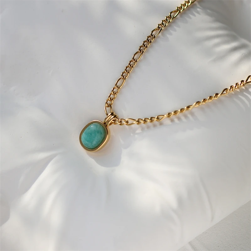 Unique Roman Holiday Mint Green Oval Jewelry Tianhe Stone Stainless Steel 18k Gold Plated Ellipse Pendant Necklace Baby Jewelry