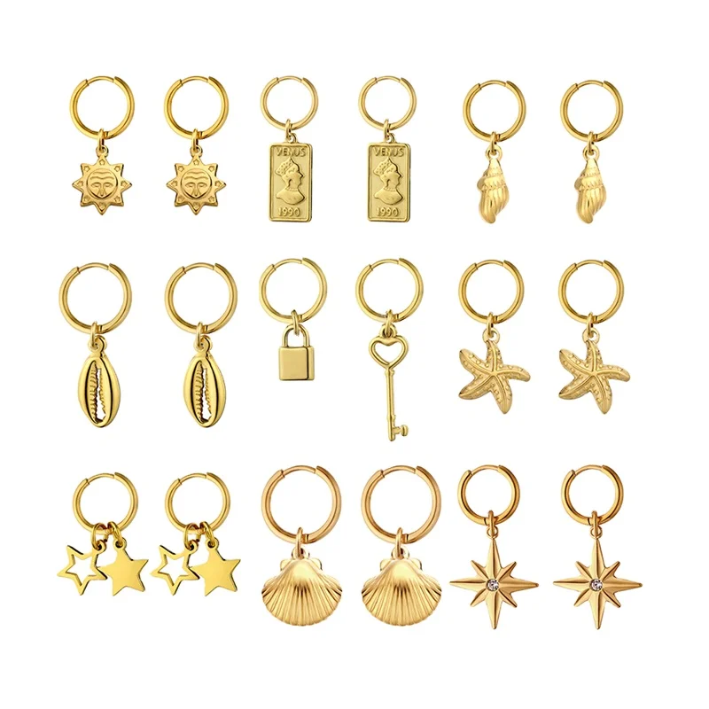 Stainless Steel Shell Pendant Earrings Dangle Drop Gold Hoop Earrings for Women Fashion Lady Best Gift