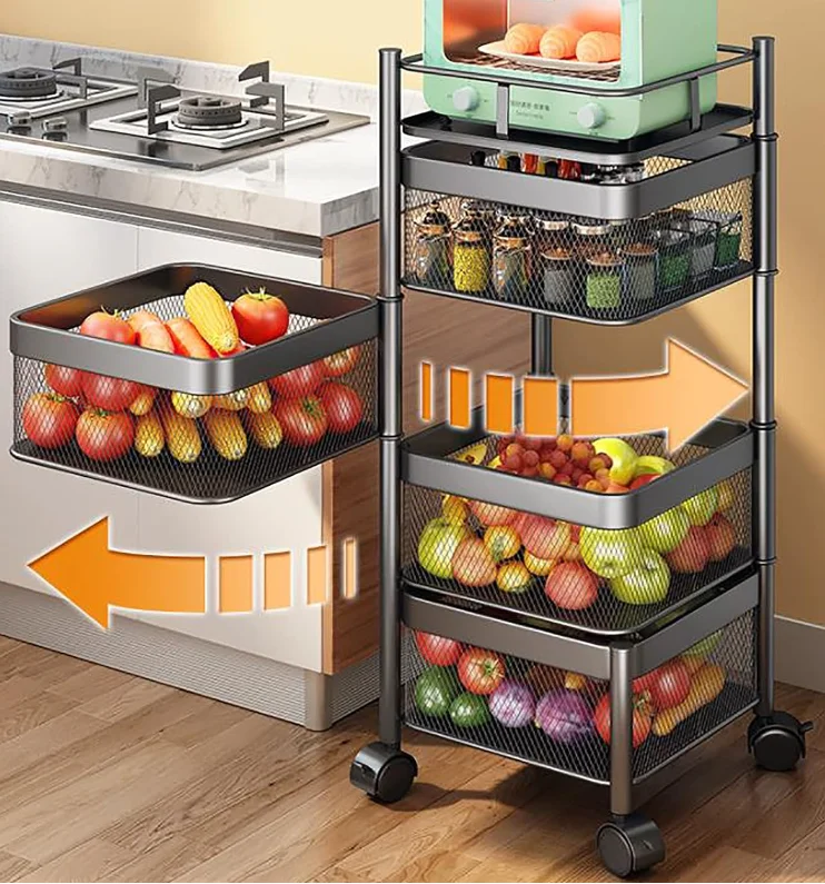 Kitchen Black Household Carbon Steel Vegetable Kitchen Trolley Cart 3 Tiers Kitchen Trolley Black Square Rotating Storage Rack