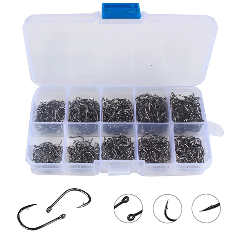 500PCS / 600PCS  Premium Fishhooks 10 Sizes Carbon Steel Fishing Hooks W/Portable Plastic Box, Strong Sharp Fish Hook