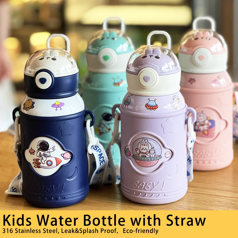 Zoomax 500ml Cute Stainless steel thermos vacuum bottle with strap outdoor portable Cups with lids and straws