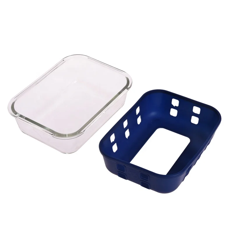 Deep  Blue color silicone cover glass food container storage box  with cutlery BPA free vented lid