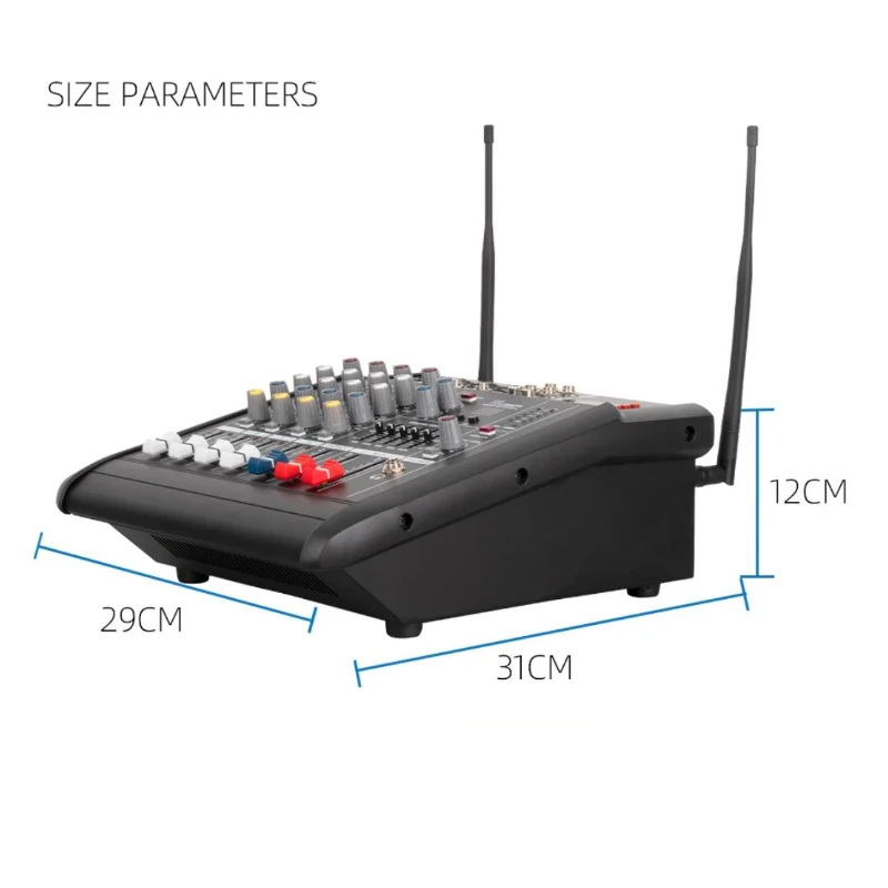 Professional build-in power amplifier 4 way audio mixer with dual wireless microphones 4 channel power powered audio mixer