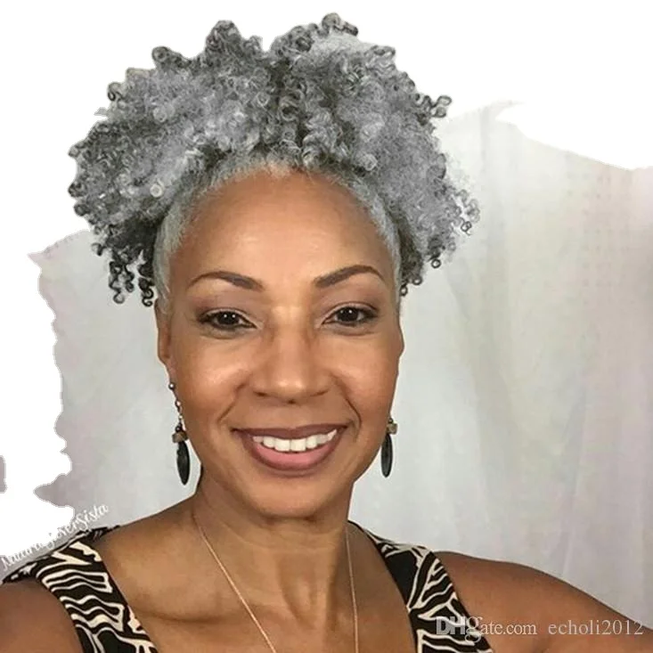 Salt &pepper Silver grey 100% Brazilian virgin Human Hair short high puff updo chigon gray  Kinky Curly hair ponytail 120g