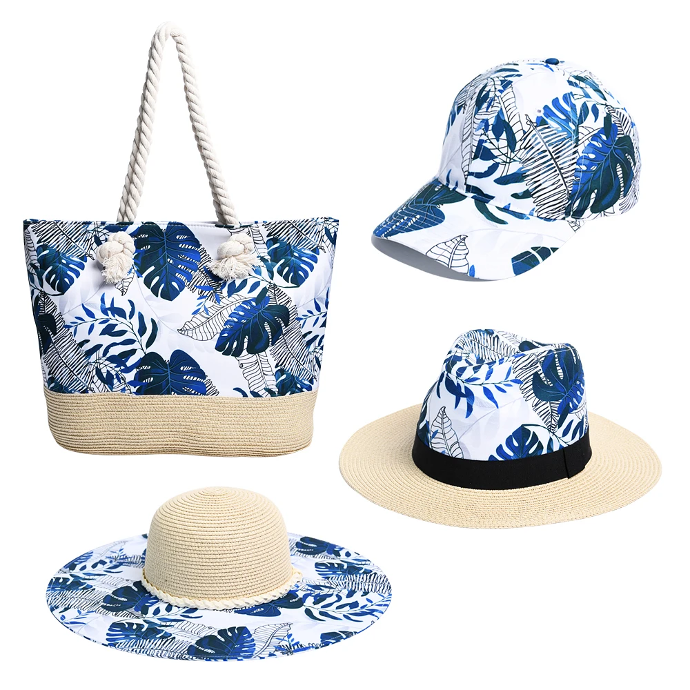 JAKIJAYI 7Pcs Women Summer Leaf Knitting White Plain Straw Hat&Bucket Hat Beach Bag Hat Set for Outdoor