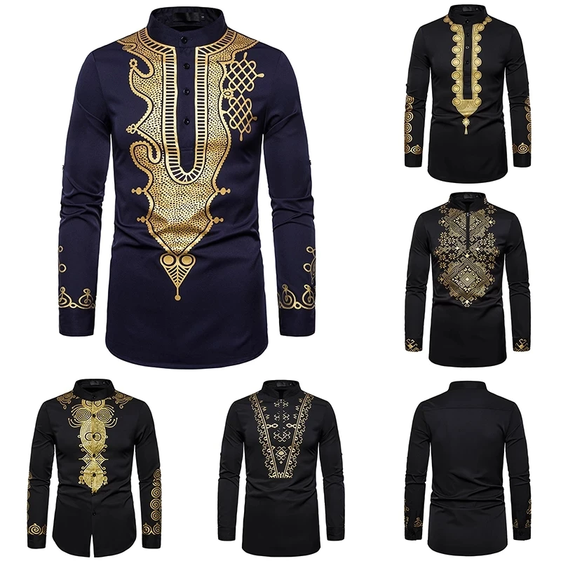 
Men Cotton Polyester African Printing Long Sleeve Stand Collar Dashiki Mens Shirts 