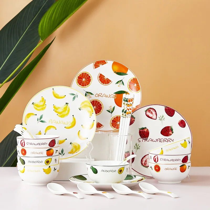Nordic fruit pattern printed ceramic set dinnerware home use cute strawberry colorful glaze dinner set tableware