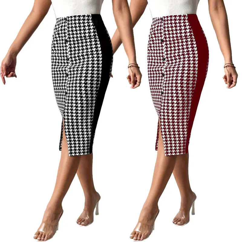 New model jupe crayon Women Elegant Button Decor High Waist Plaid Skirt Houndstooth Print Split Hem Pencil Skirts