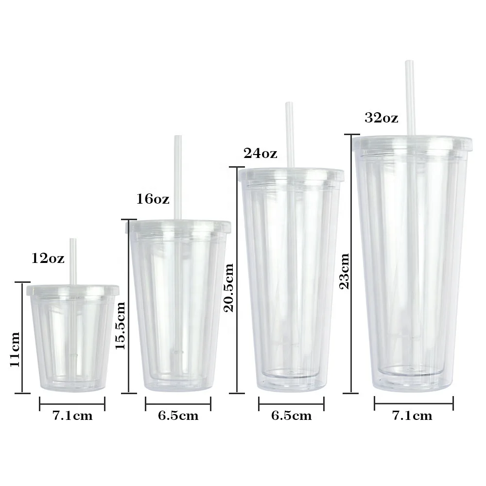 Custom 12oz 16oz 24oz 32oz Reusable Travel Ice Coffee Mugs Double Wall Tumblers Insulate Clear Plastic Cup With Straw And Lid