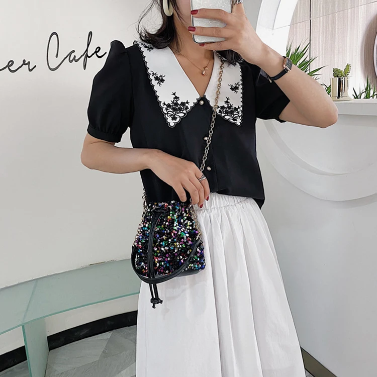 2022 Fashion Sequins Leather Delicate Luxury Lady Bucket Purses And Handbags For Women