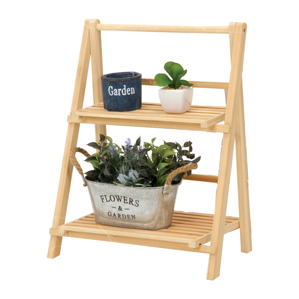 Wooden Display Shelf Flower Pot Holder Plant Stand Corner Foldable 2-Layers Ladder Rack
