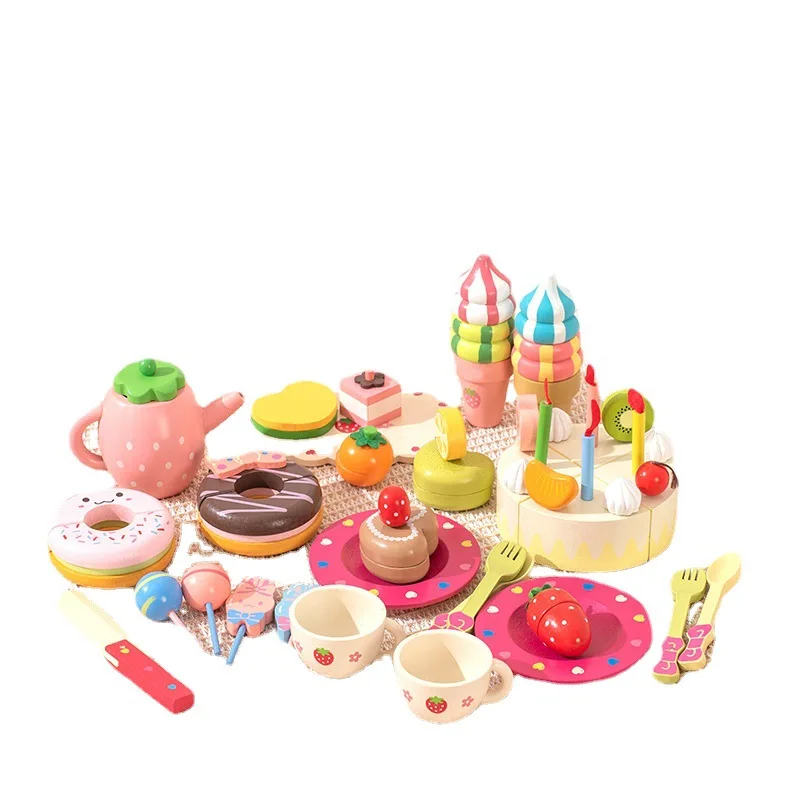 2023 New Baby Wooden Pink Barreled Pretend Rabbit Dessert Game Educational Birthday Cake Gifts Kitchen Toys for Girls
