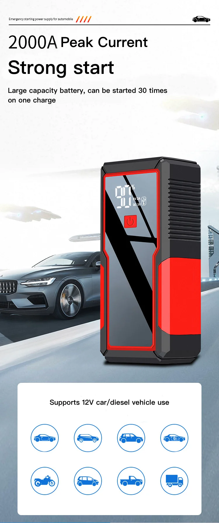 Super Capacitor Car Jump Starter Power Bank Lithium Jamper Battery Charger 12V 26000mAh 2000A Multifunctional Car Jump Pack