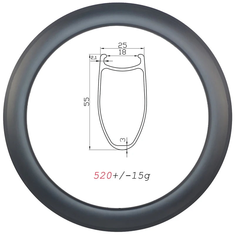
520g Road Bicycle 55mm deep carbon rims 700C Clincher V brake 55x25mm UD 3k 12k matte glossy 16H 18H 20H 21H 24H 28H 