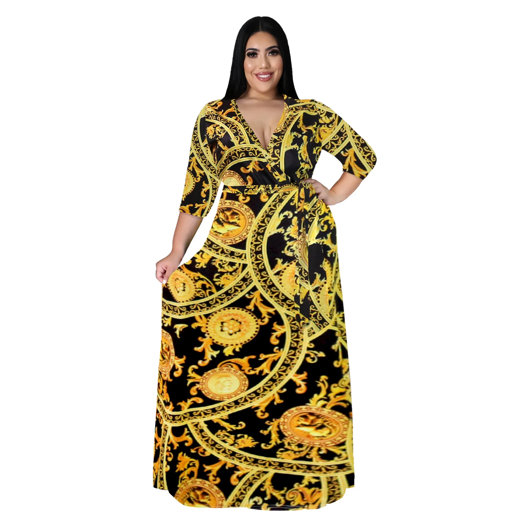 Casual Deep V-neck Long Sleeve Maxi Dress Printed Women Plus Size Africa Dress