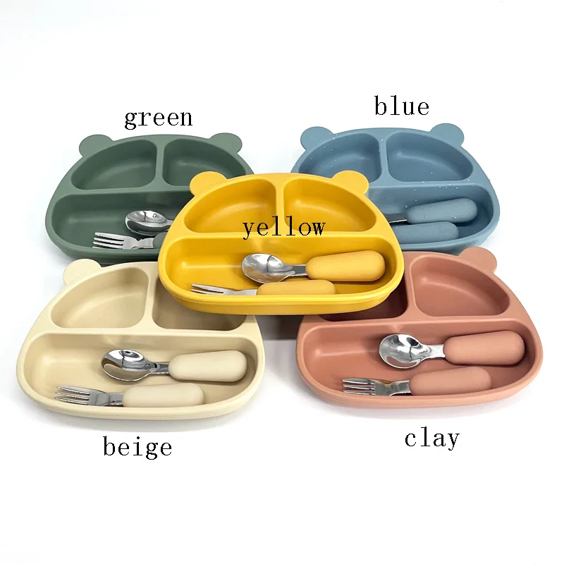 BPA-Free Food Grade Silicone Baby Plate in Animal Shape with Spoon Fork Straw for Kids