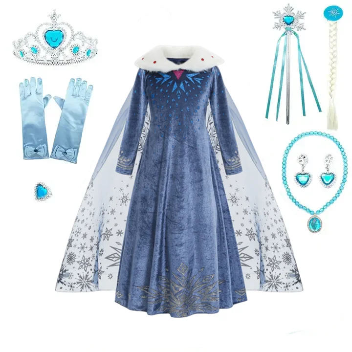 Long Sleeve Fur Collar Kids TV Movie Costume Girl Elsa Cosplay Fancy Party