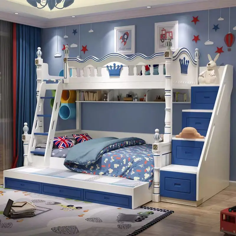 High quality child wooden kids bunk beds with slide wardrobe ladder cabinets children bunk beds double layer kids beds hot sell