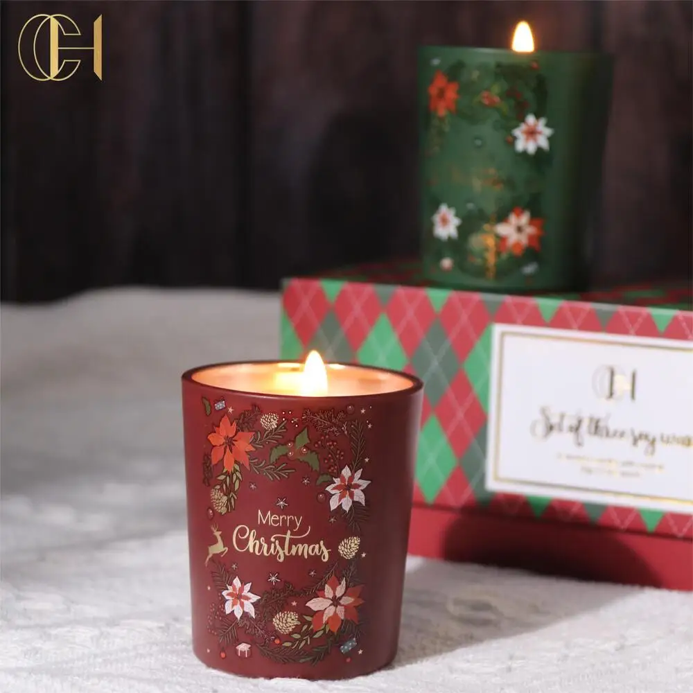 C&H Hot Sell Handmade Relaxing Christmas Gift Set Glass Red Green Fragrance Luxury Amethyst Soy Wax Scented Crystal Candles