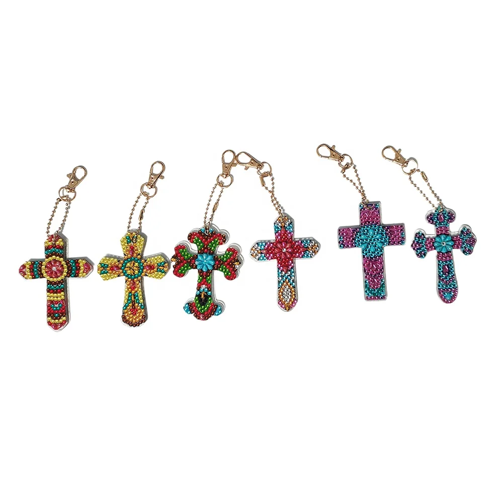 double side hot selling cross religious pattern 5d diy keychains necklaces pendant charms diy mini Diamond Embroidery Painting