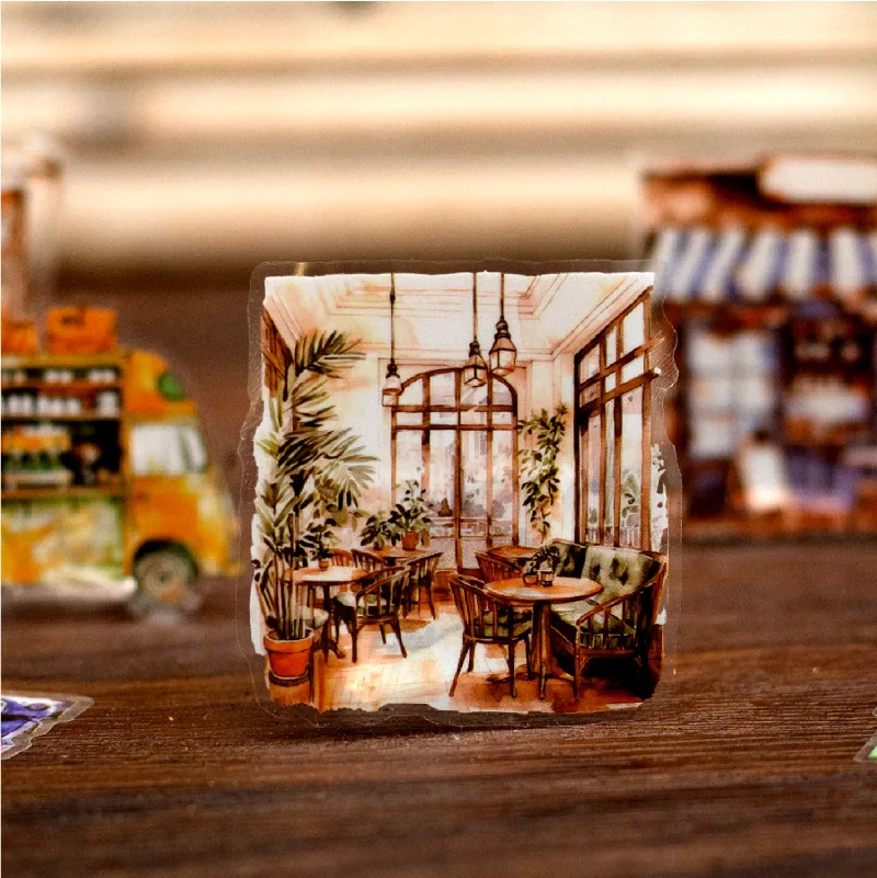 1Roll PET Aquascape Tape Cozy Coffee Corner Series Handbook Material Decorative Collage Base Stickers
